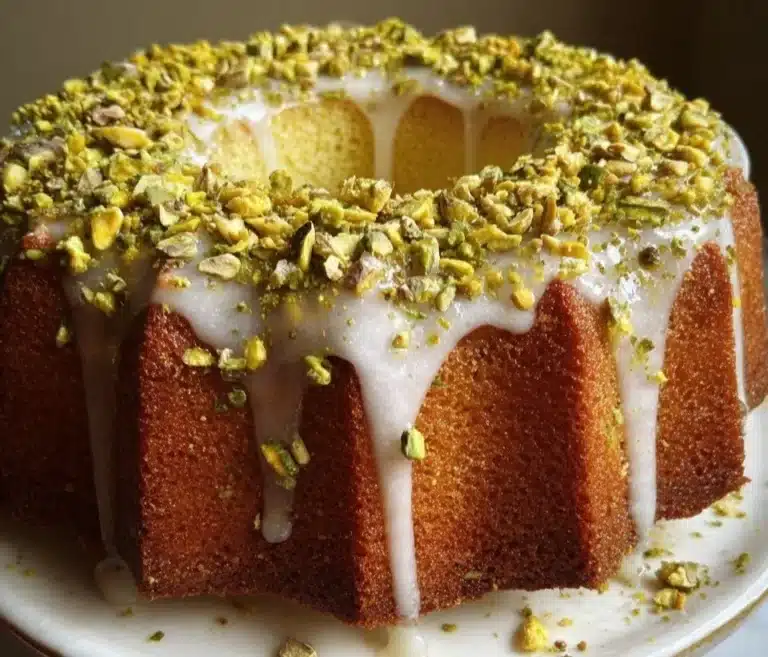 Slice of Lemon Pistachio Olive Oil Cake on a plate, garnished with lemon zest.