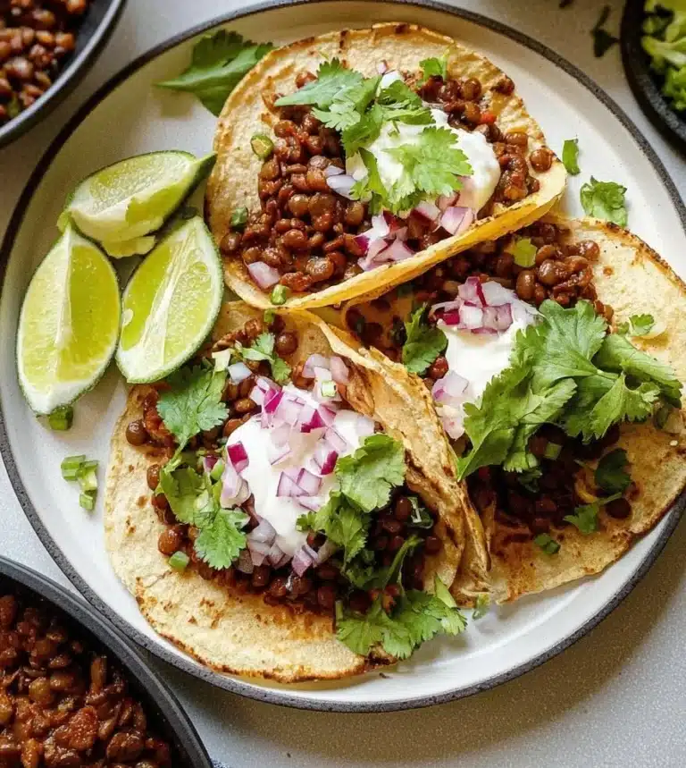 Plate of flavorful Lentil Tacos topped with fresh veggies and salsa