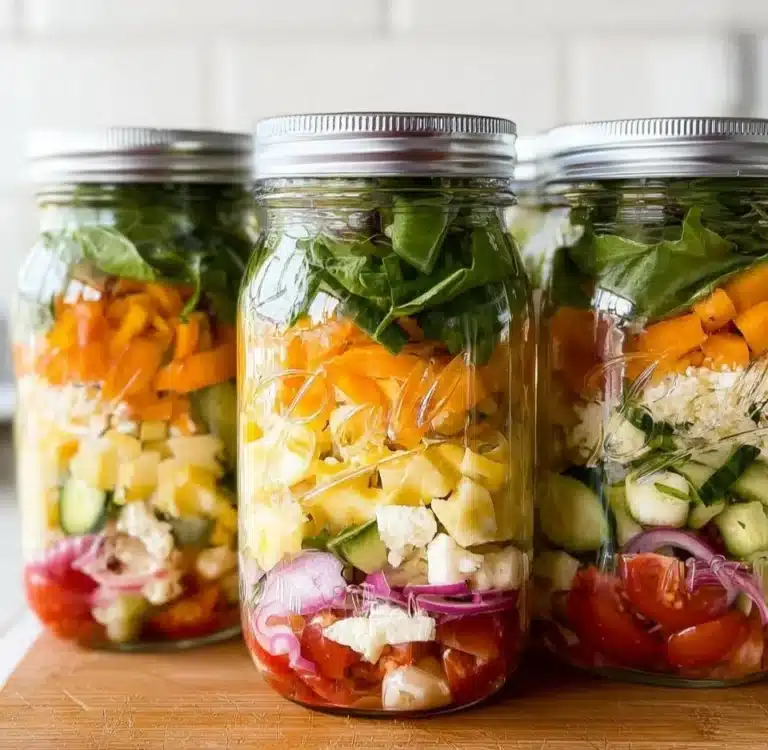 Colorful Mason Jar Salads with fresh vegetables and dressing layered.