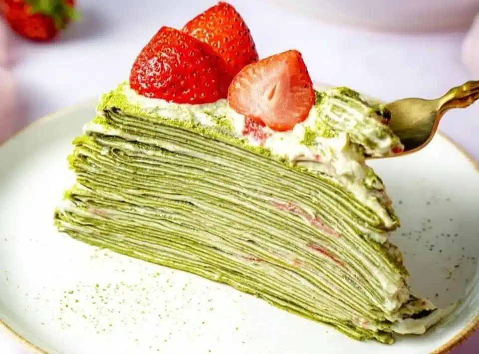 A delicious matcha crepe cake with layers of green tea flavor and creamy filling.
