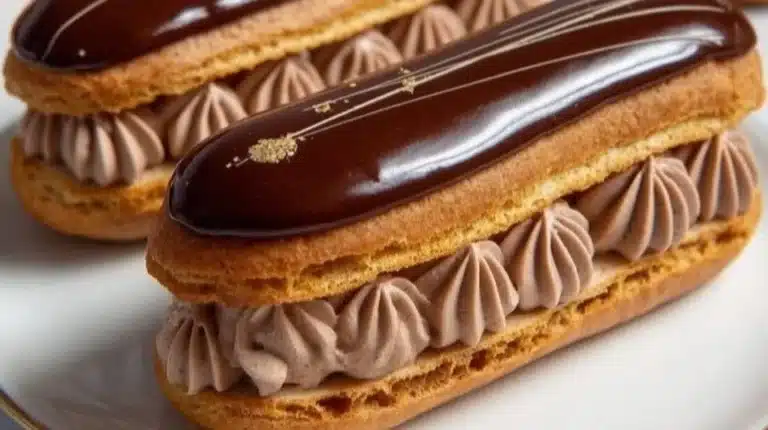 Delicious mocha éclairs with coffee filling and chocolate glaze on a white plate