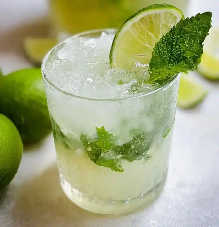Refreshing Mojitos served in a glass with mint leaves and lime slices