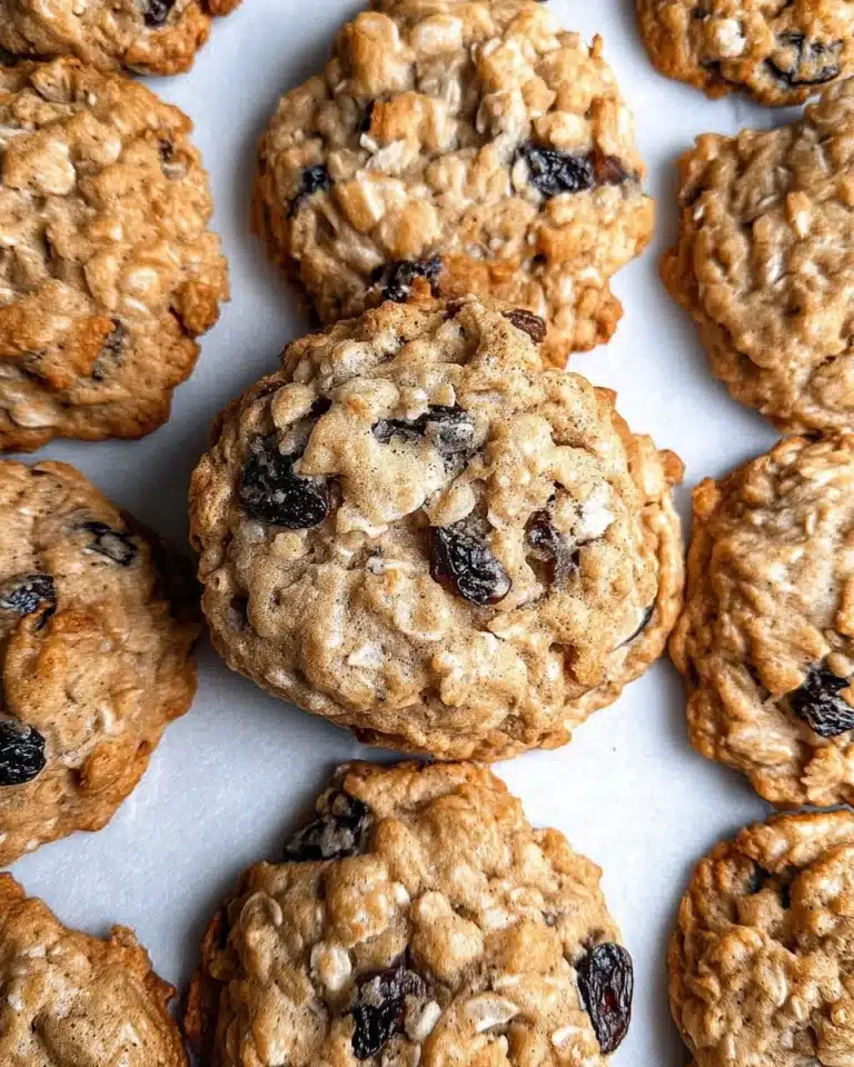 Freshly baked oatmeal raisin cookies on a wooden table