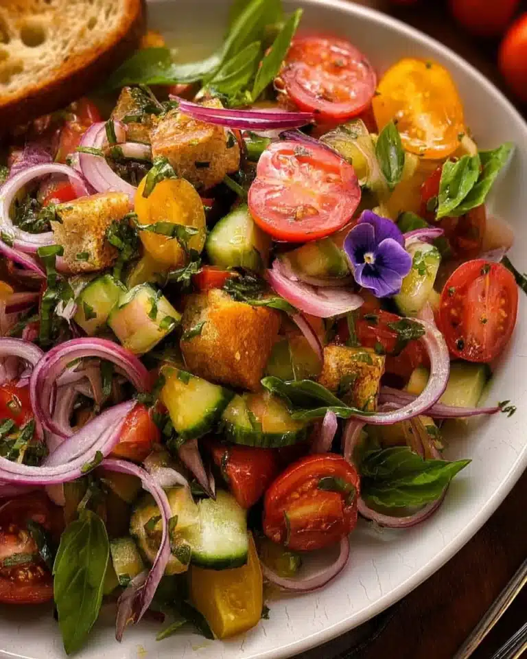 Delicious Panzanella Salad with ripe tomatoes, bread, and fresh herbs