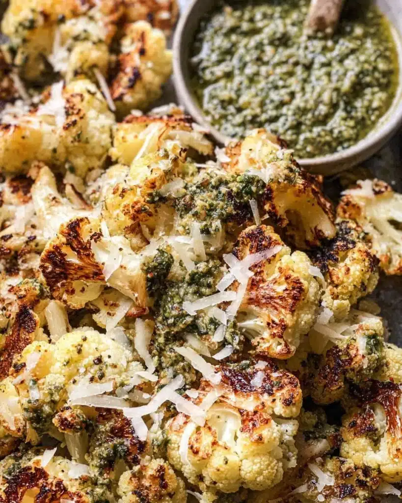 Roasted Parmesan Pesto Cauliflower topped with fresh basil and pine nuts