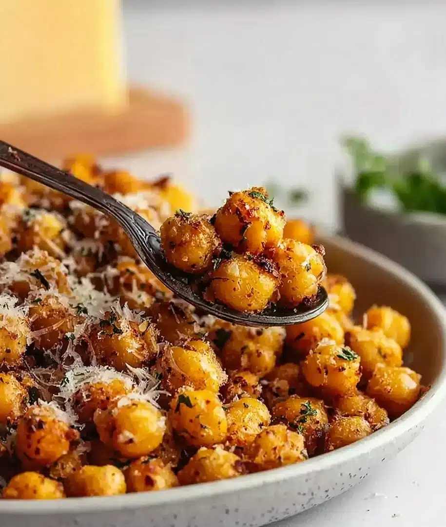Deliciously crispy Parmesan Roasted Chickpeas served in a bowl