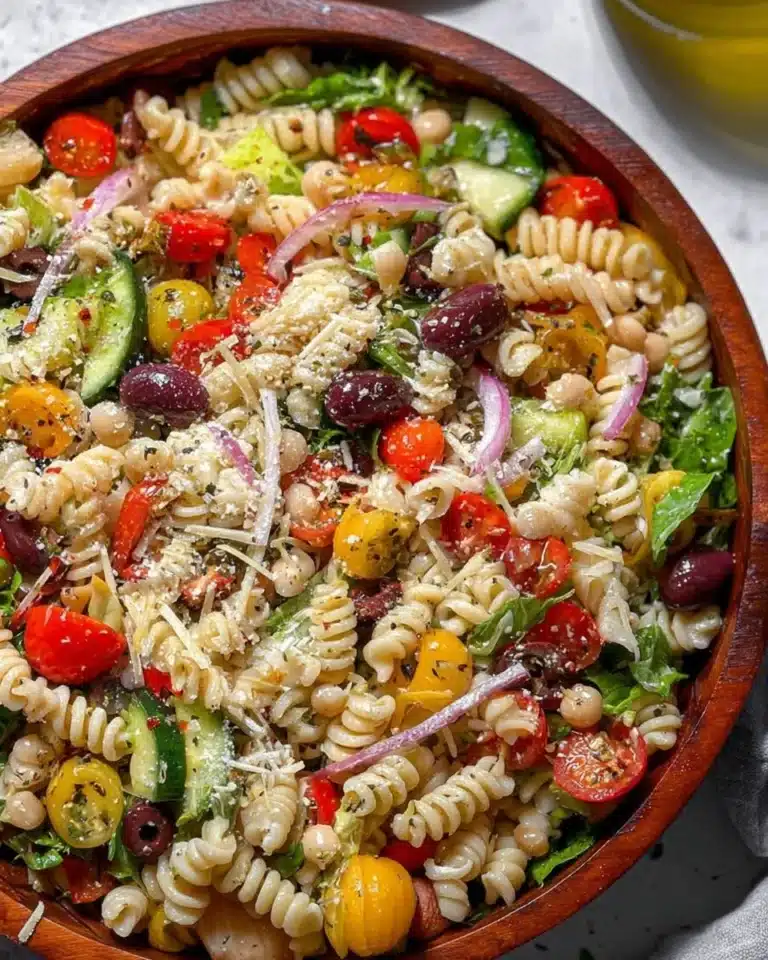 Colorful bowl of pasta salad with fresh vegetables and dressing