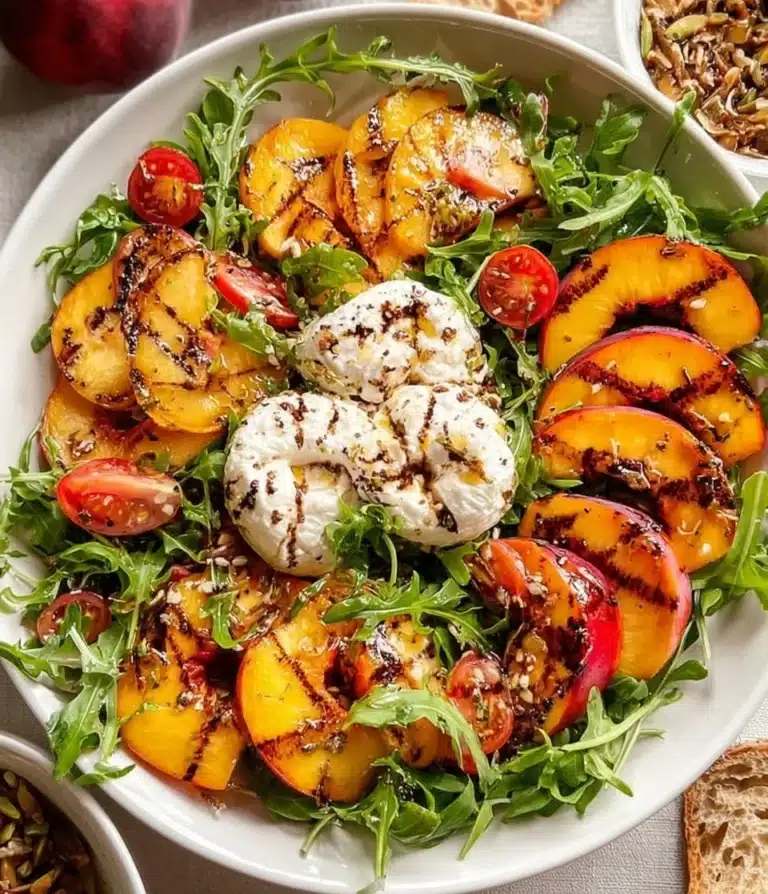Delicious Peach Burrata Salad with fresh peaches and creamy burrata cheese