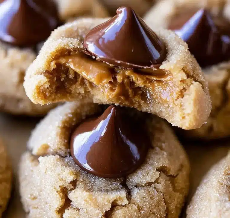 Freshly baked Peanut Butter Blossoms cookies with chocolate kisses on top.