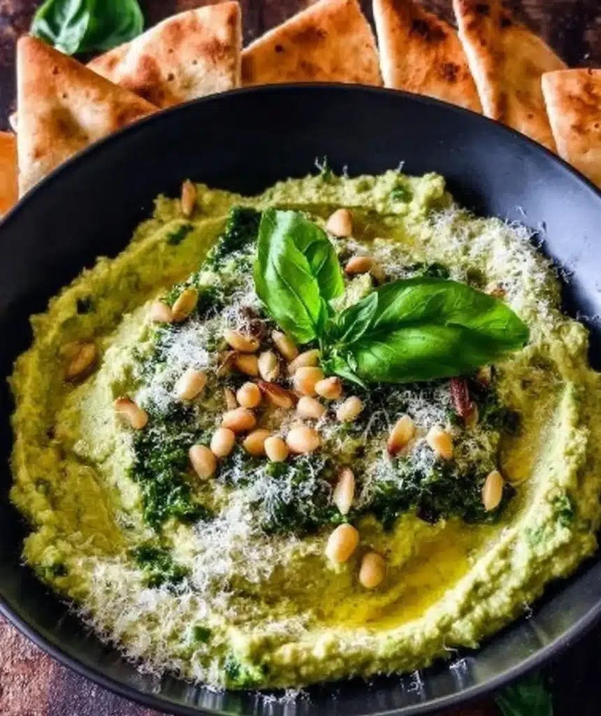 Delicious pesto hummus served with fresh veggies and pita bread.