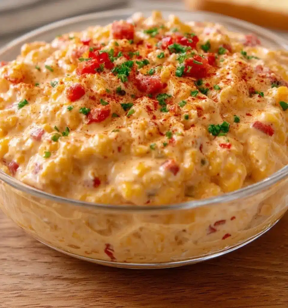Bowl of pimento cheese dip served with crackers and vegetables