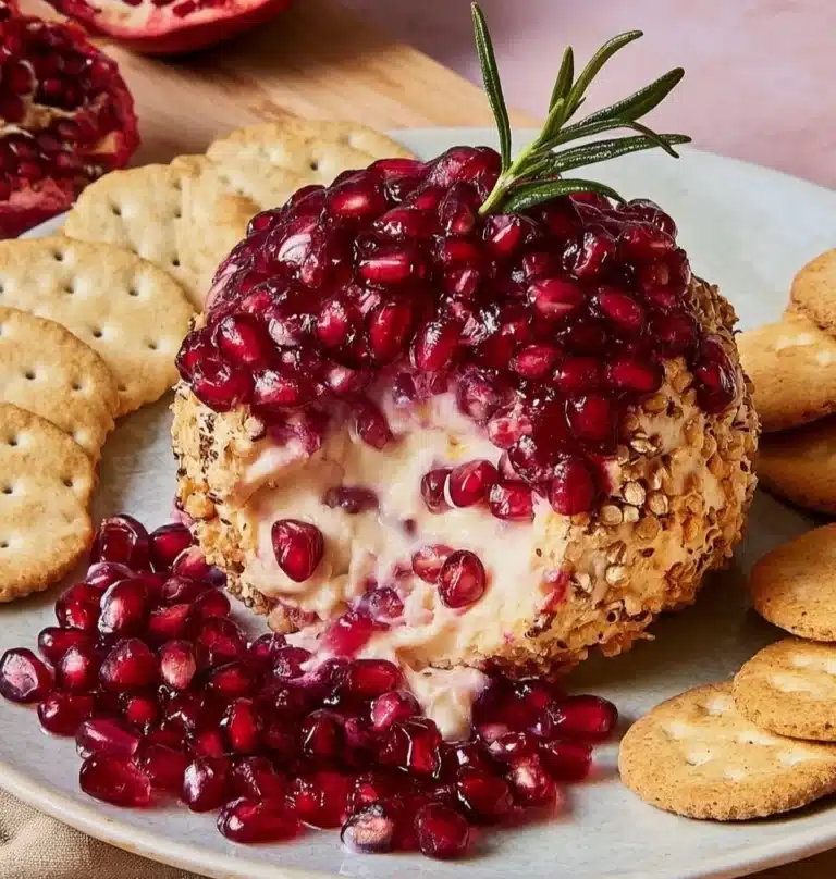 Pomegranate White Cheddar Cheeseball served on a platter with crackers