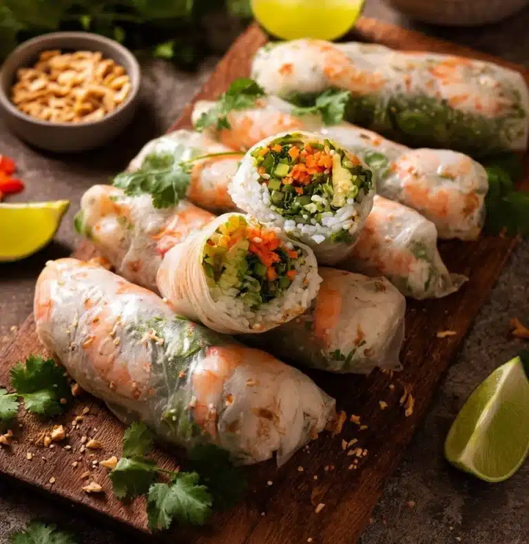 Plate of fresh shrimp spring rolls with dipping sauce and herbs