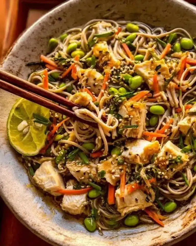 Soba Noodles and Chicken Bowl garnished with fresh vegetables and herbs