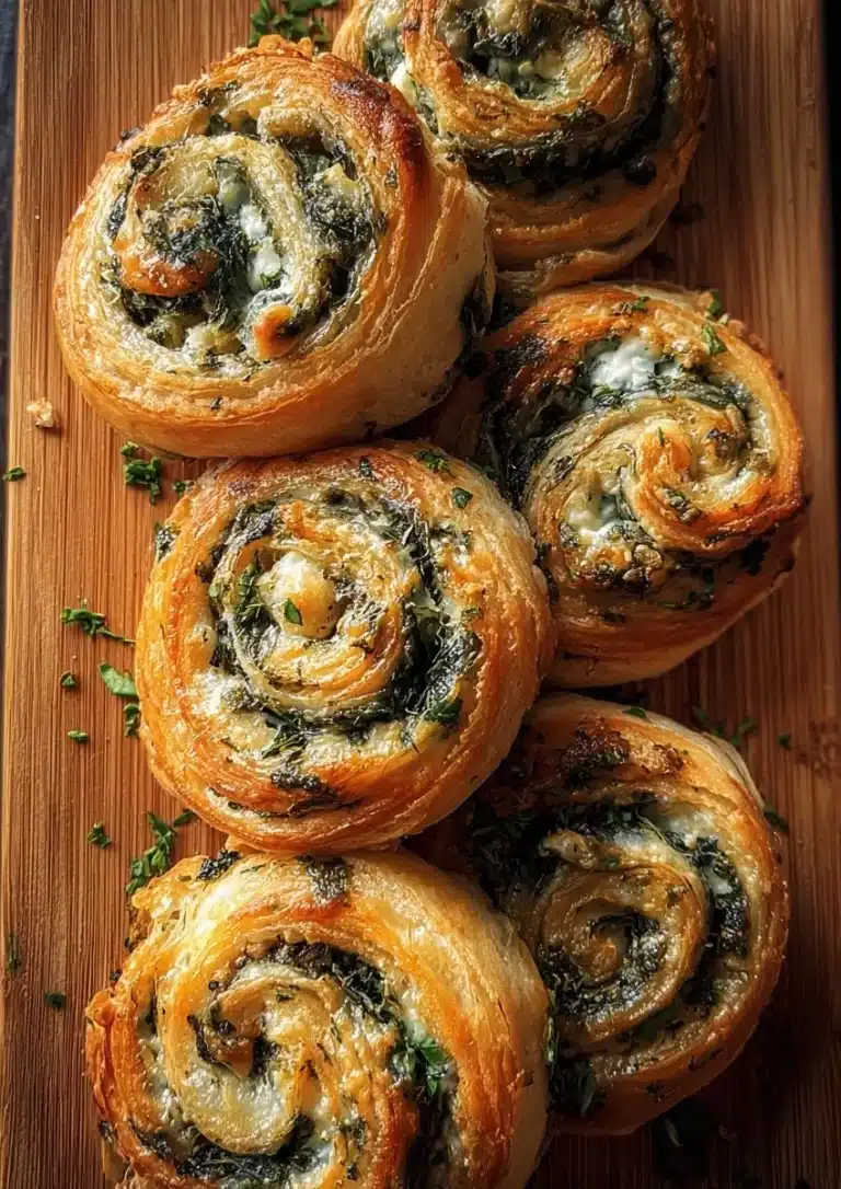 Delicious Spanakopita puff pastry swirls filled with spinach and feta cheese.