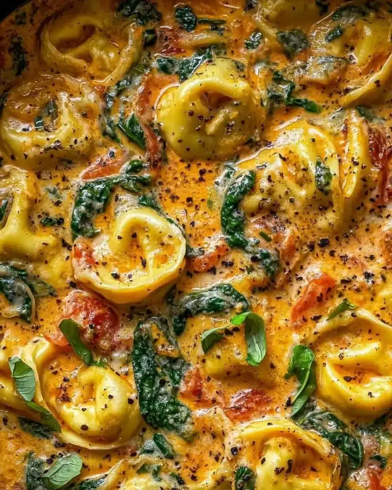 Delicious Spinach Tomato Tortellini served in a bowl with fresh vegetables