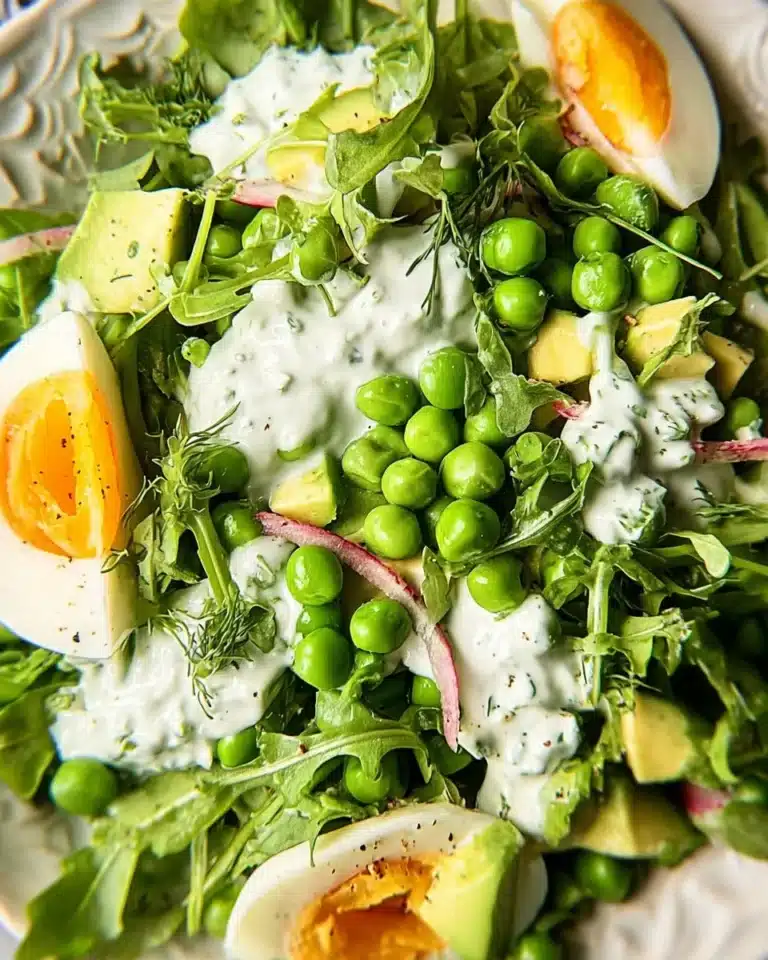Fresh Spring Pea and Arugula Salad in a bowl with vibrant colors