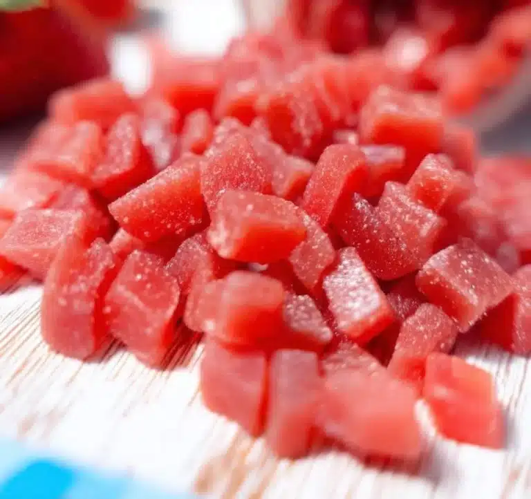 Colorful strawberry gummies in a bowl, perfect for candy lovers.