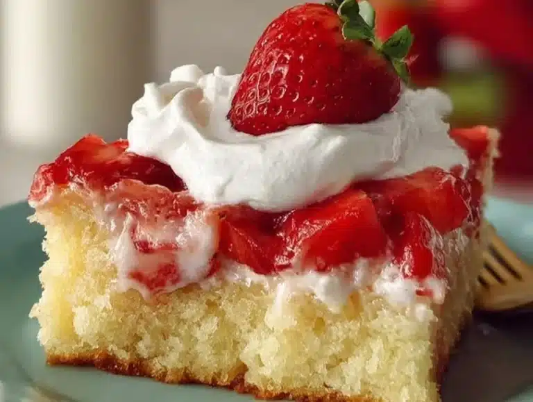 Delicious strawberry shortcake sheet cake topped with fresh strawberries and whipped cream