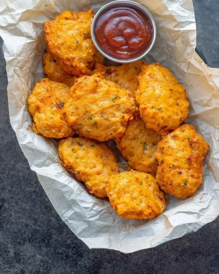 Sweet Potato Chicken Poppers served on a plate with dipping sauce