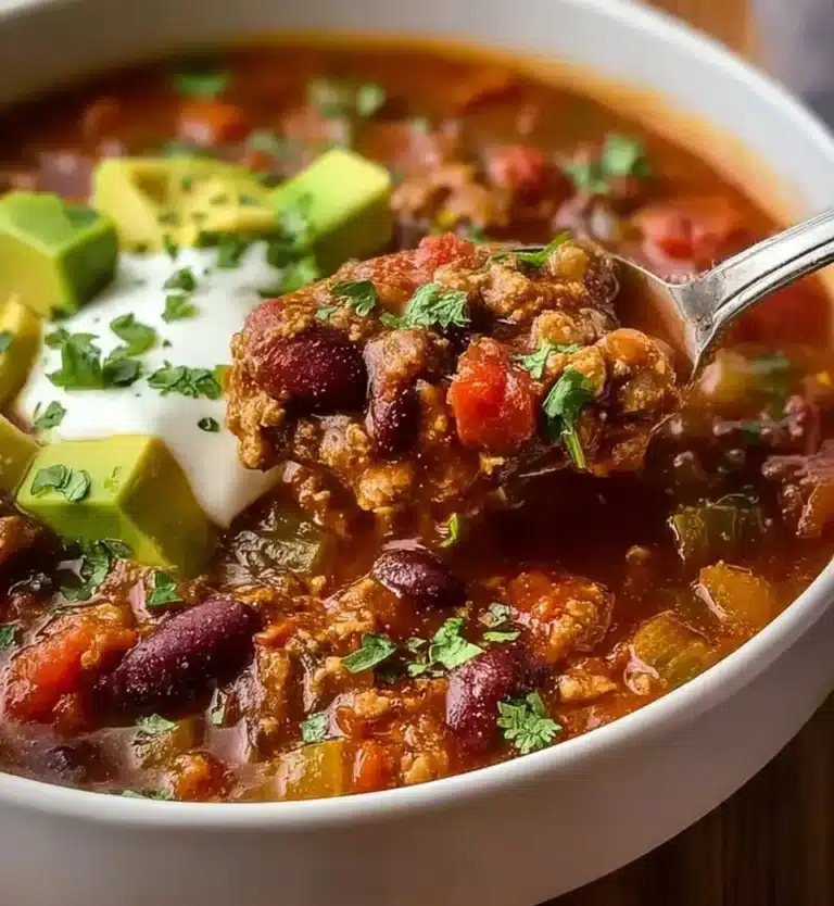 Delicious bowl of Turkey Vegetable Chili with fresh vegetables and lean turkey meat.