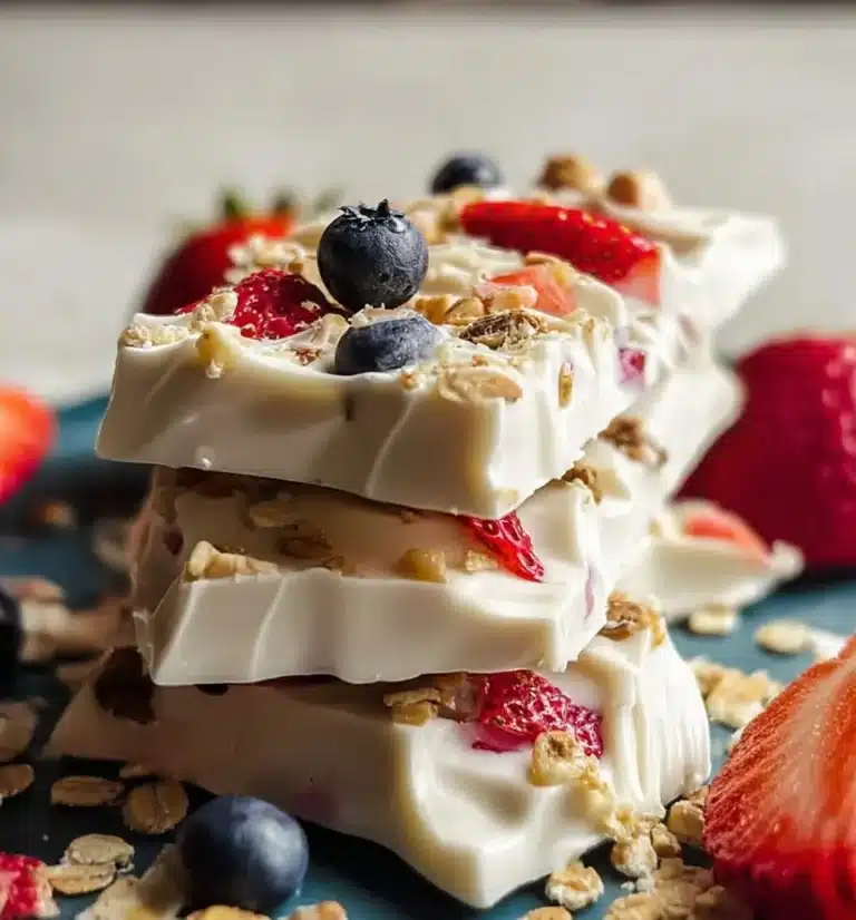 Homemade yogurt bark topped with fruits and nuts on a marble surface.