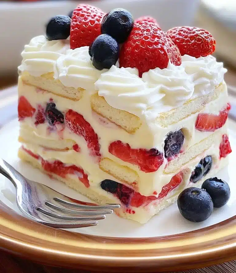 Delicious Berry Icebox Cake with layers of fresh berries and whipped cream