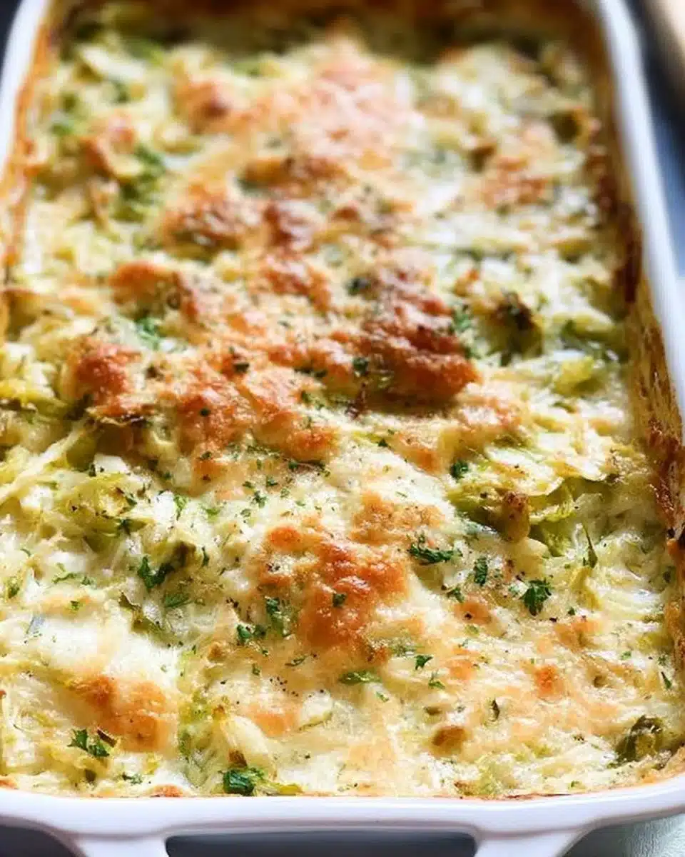 Brussels Sprouts Gratin topped with cheese and breadcrumbs in a baking dish