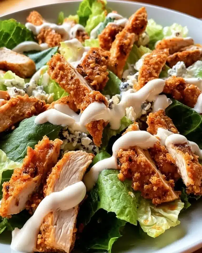 Delicious Buffalo Chicken Salad topped with spicy chicken and fresh greens