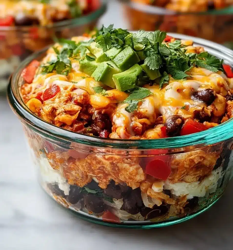 Chicken enchilada bowl with cottage cheese and toppings