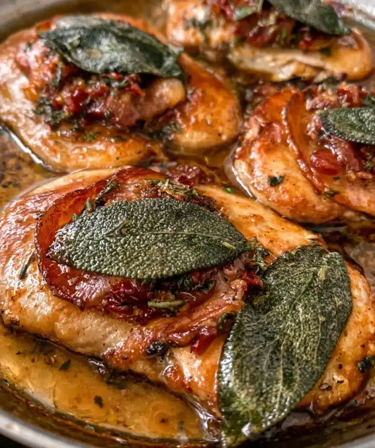 Delicious Chicken Saltimbocca with prosciutto and sage on a plate