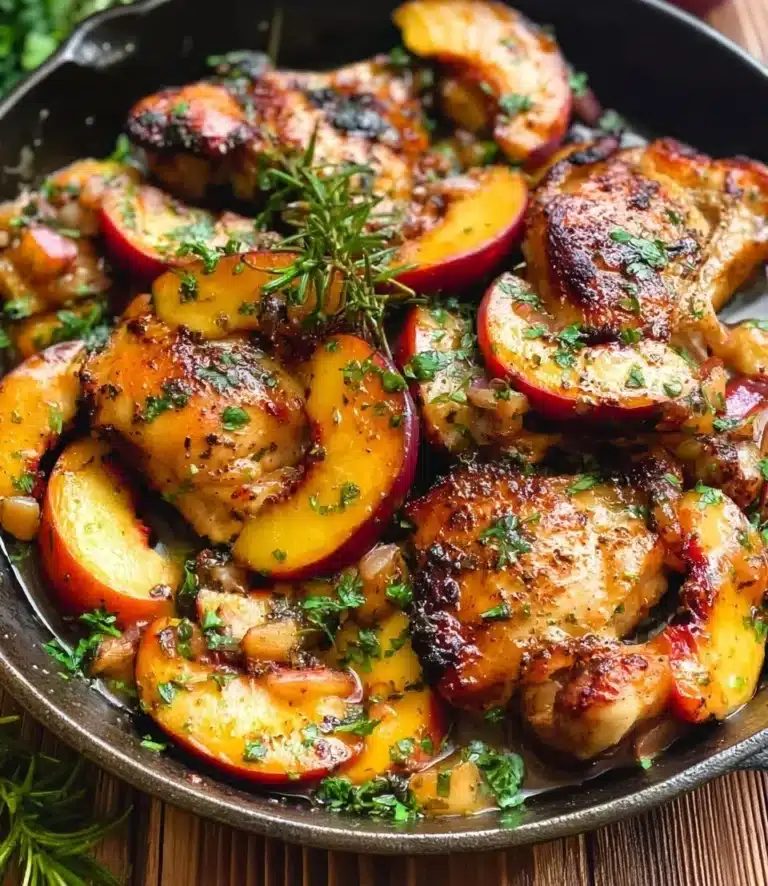Delicious Chicken With Peaches served on a plate garnished with herbs