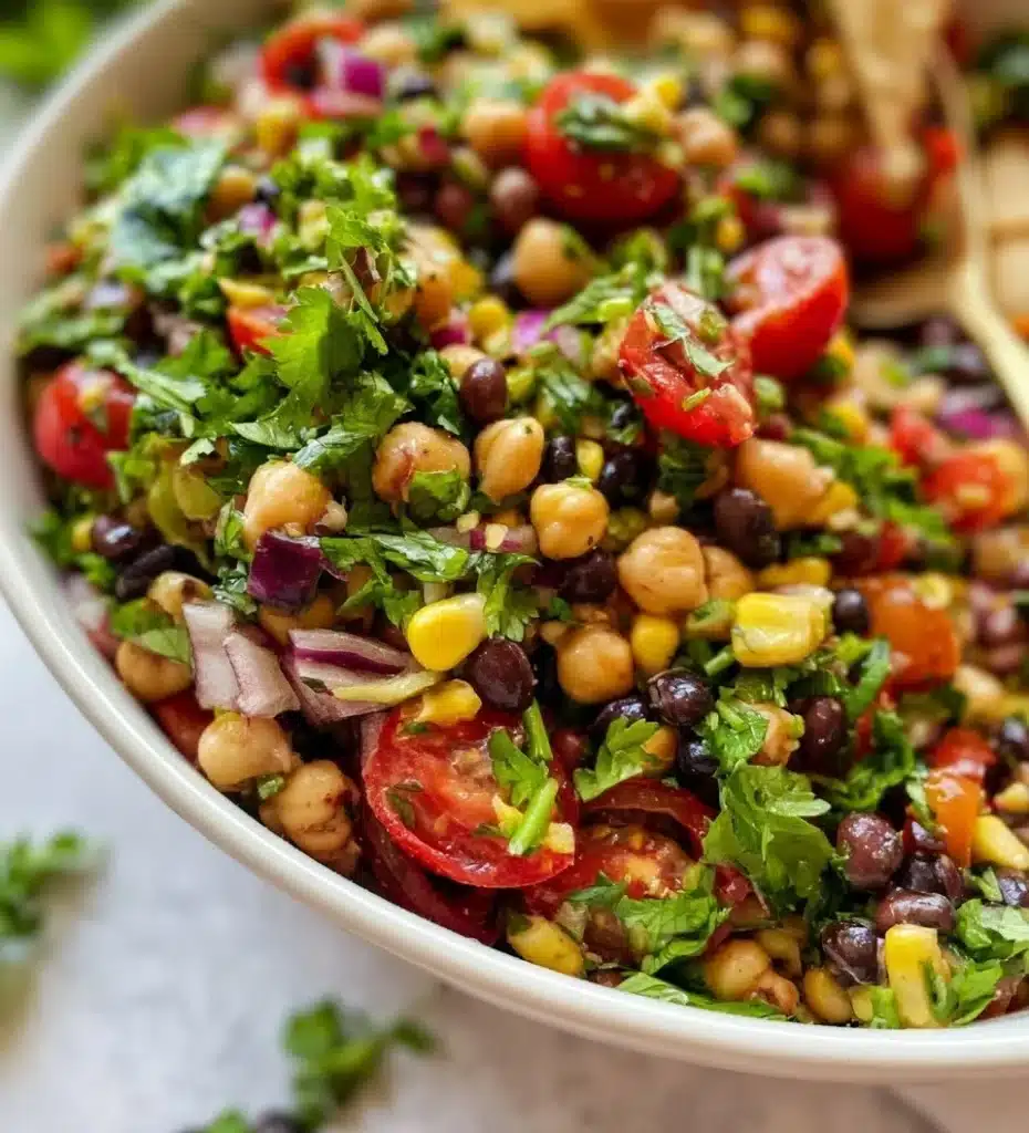 Chickpea Black Bean Salad with fresh vegetables and herbs