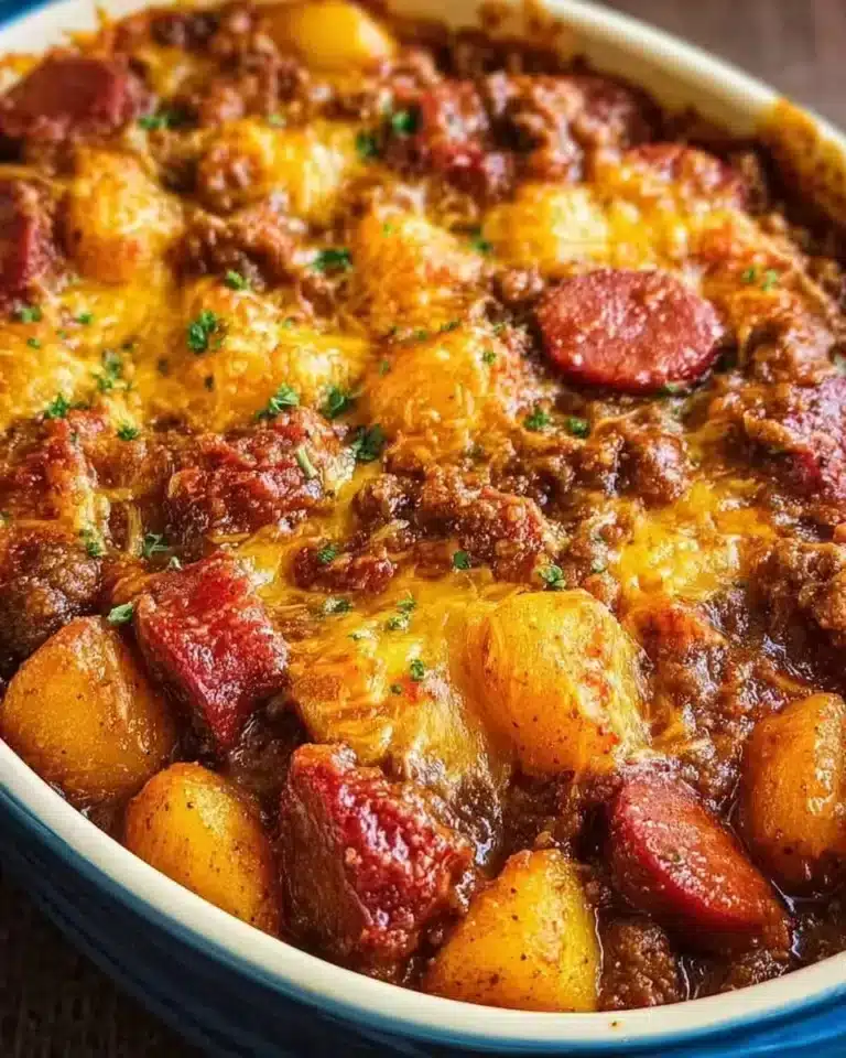 Delicious homemade Chili Dog Casserole topped with cheese and served hot.