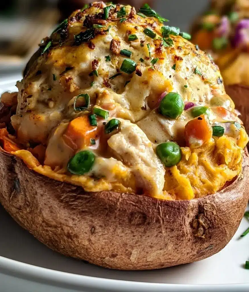 Creamy chicken pot pie stuffed sweet potatoes for a hearty meal.