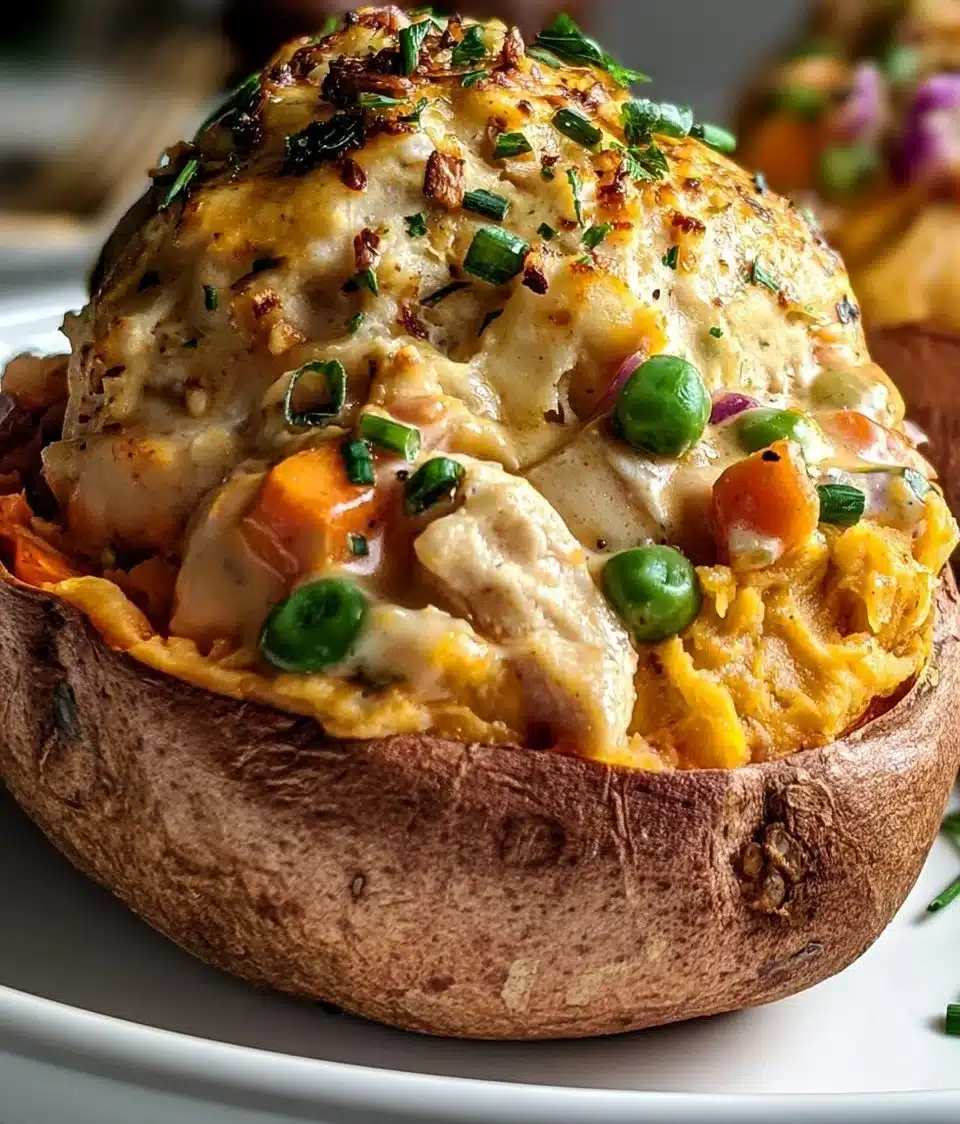 Creamy chicken pot pie stuffed sweet potatoes for a hearty meal.
