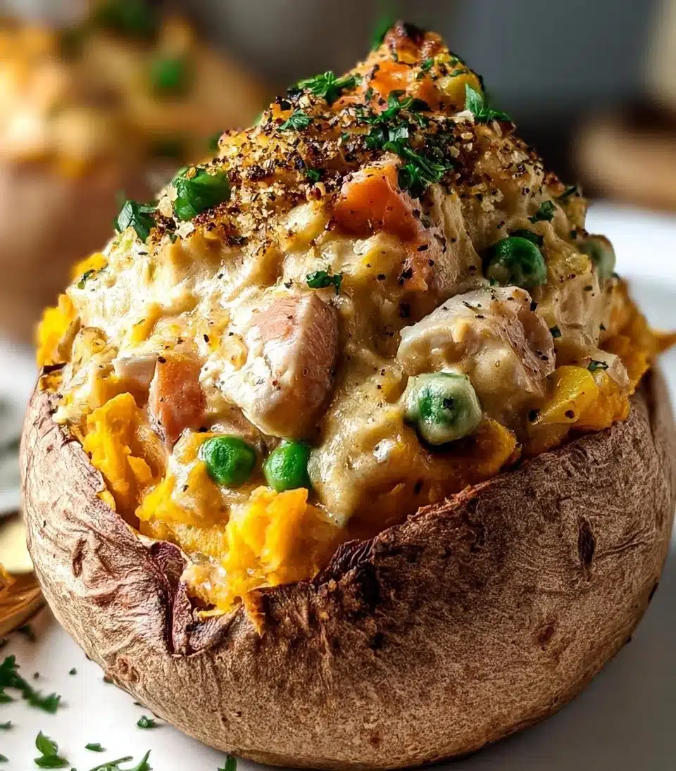 Creamy Chicken Pot Pie Stuffed Sweet Potatoes