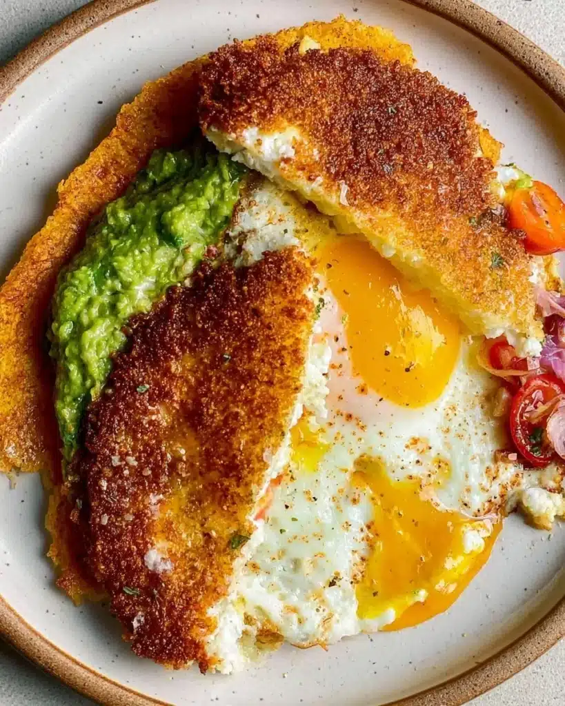 Plate of feta fried eggs garnished with herbs, served for breakfast.
