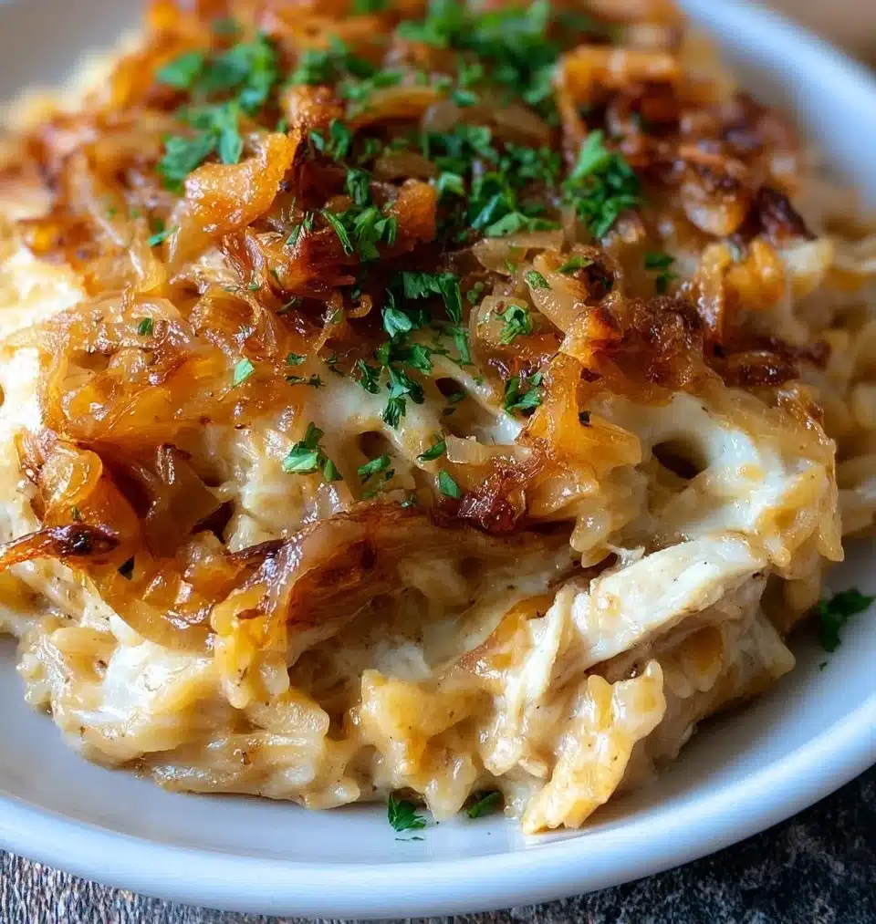 French Onion Chicken Orzo Casserole ready to serve