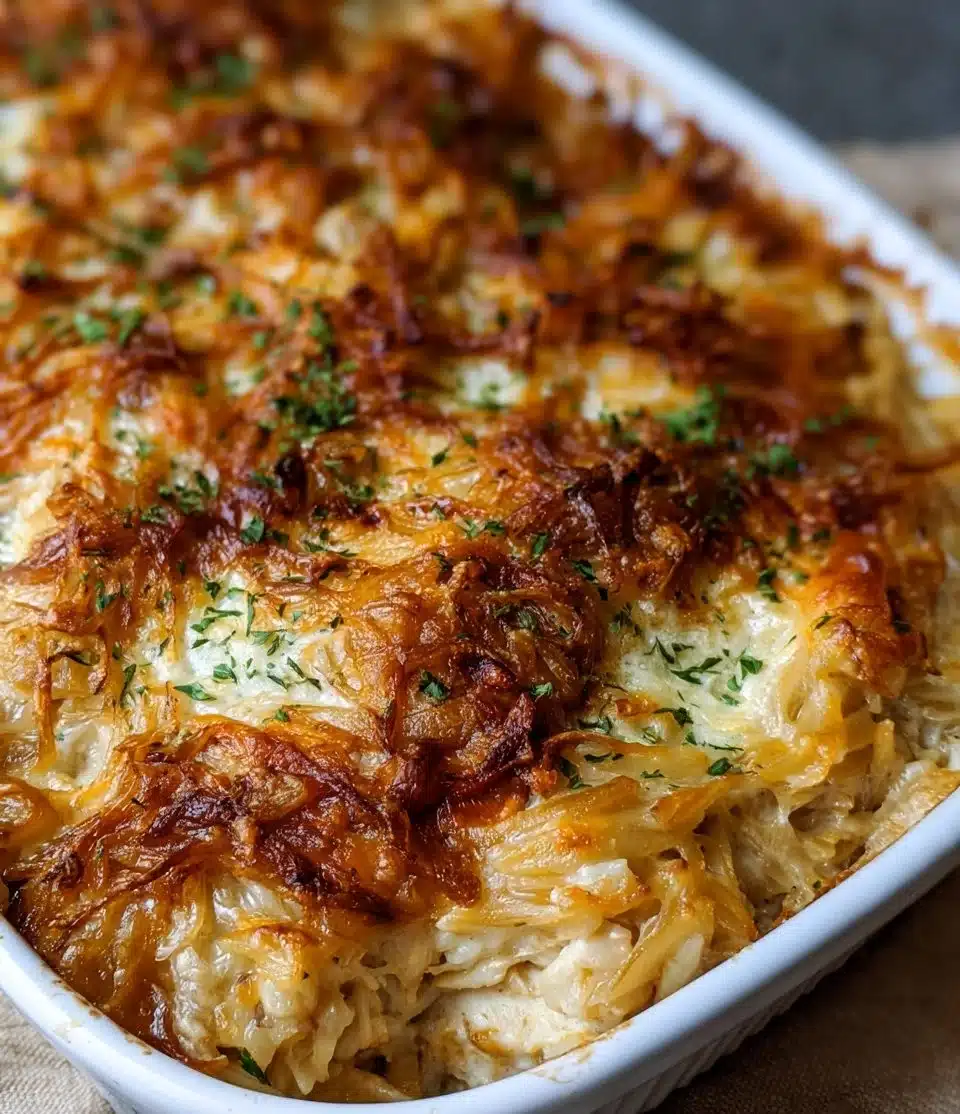 French Onion Chicken Orzo Casserole