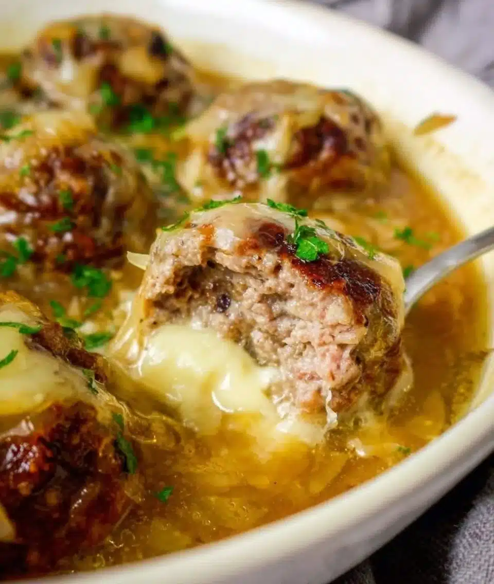 Delicious French onion meatballs served with melted cheese on top.