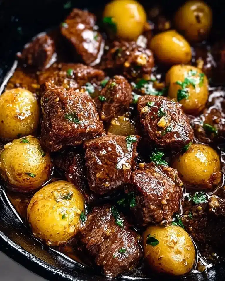 Delicious garlic butter beef bites served on a platter.