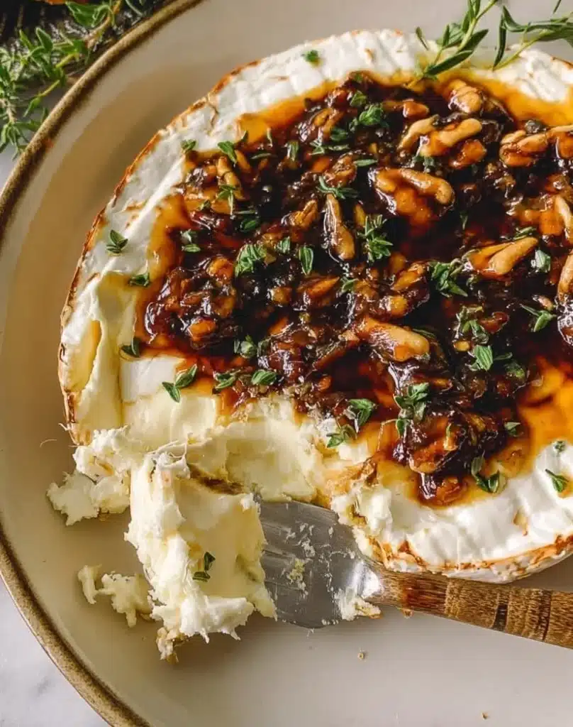Delicious goat cheese on a wooden platter with herbs and fruits