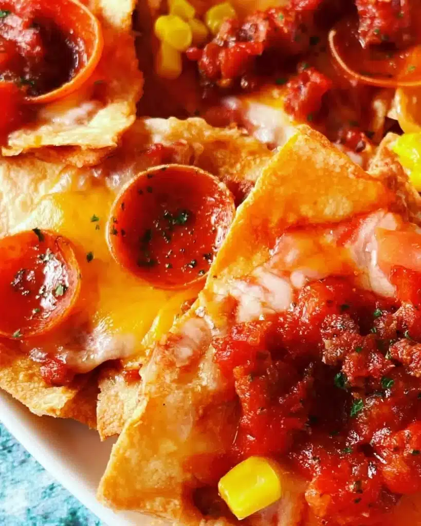 Delicious plate of Italian nachos with melted cheese, tomatoes, and herbs.