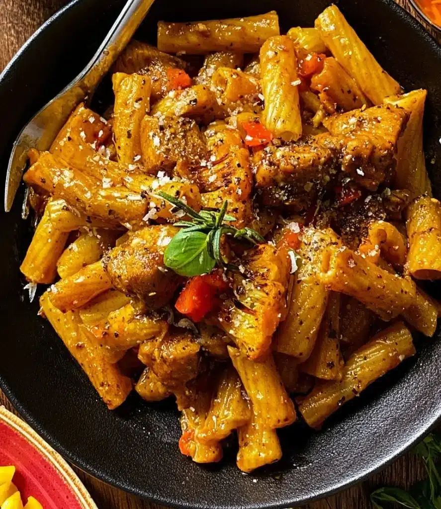 Delicious jerk chicken rasta pasta with vibrant spices and colors.