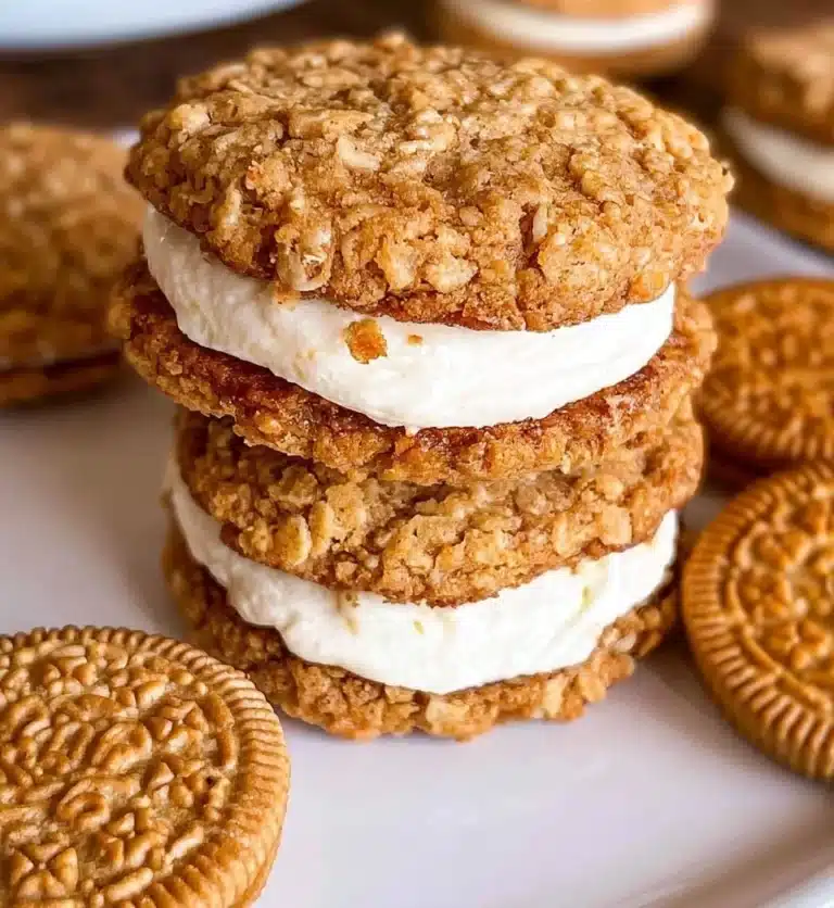 Delicious Oatmeal Cream Pies with creamy filling between soft cookies.