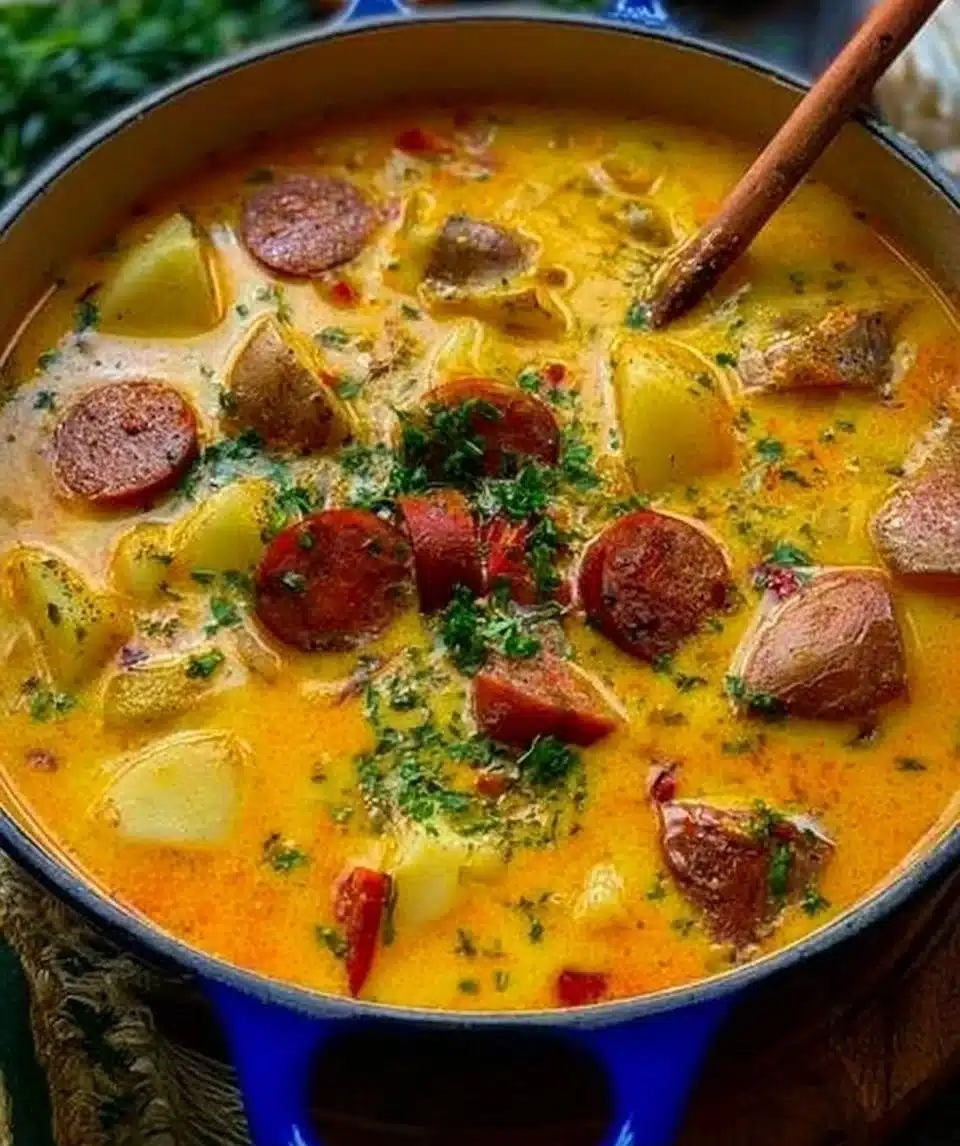 Bowl of creamy potato soup topped with fresh herbs and croutons