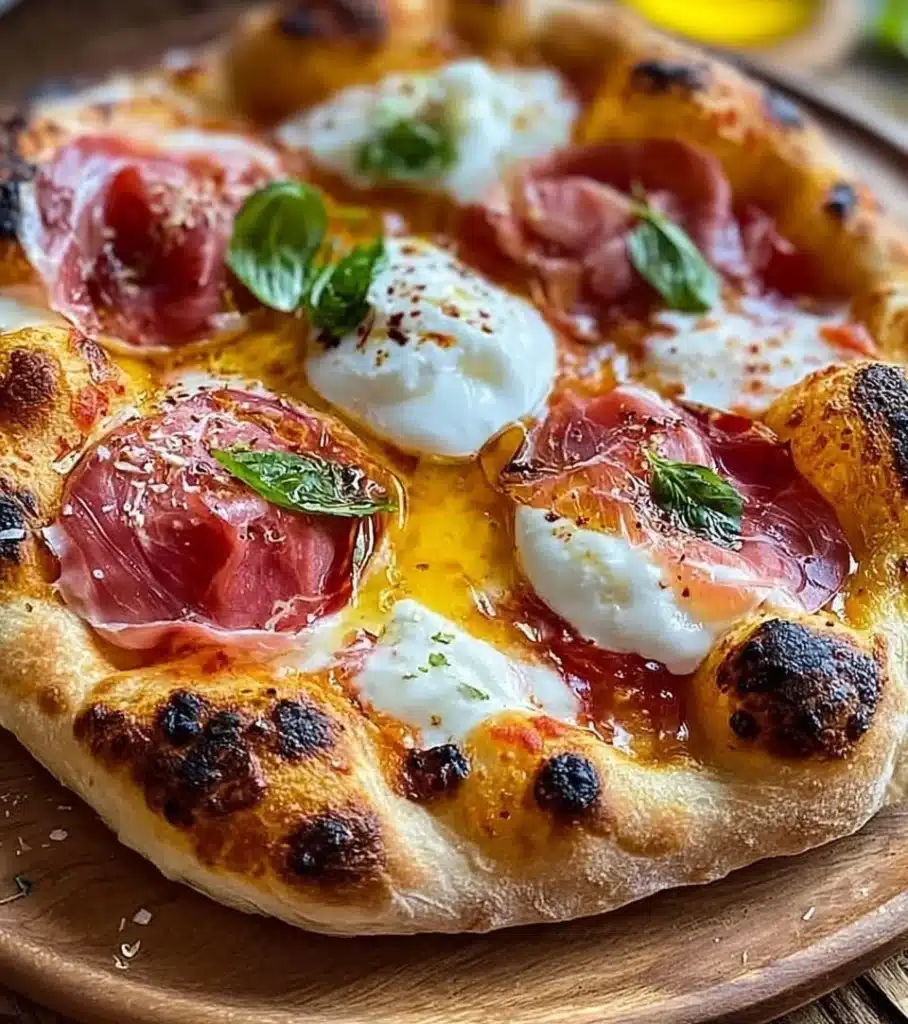 Prosciutto and Honey Burrata Pizza topped with creamy burrata and vibrant ingredients.
