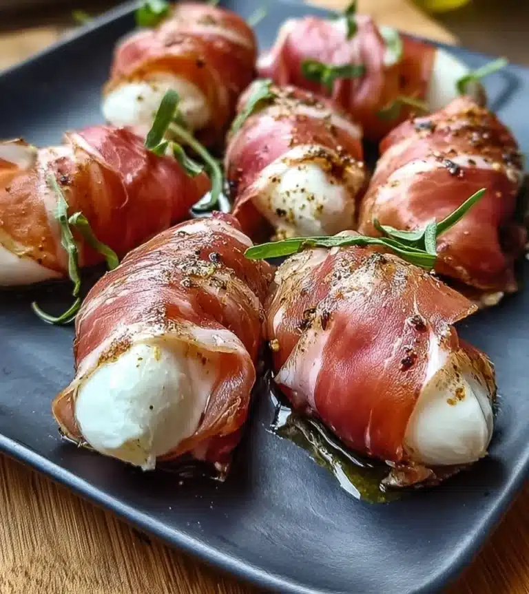 Prosciutto wrapped mozzarella bites served on a platter
