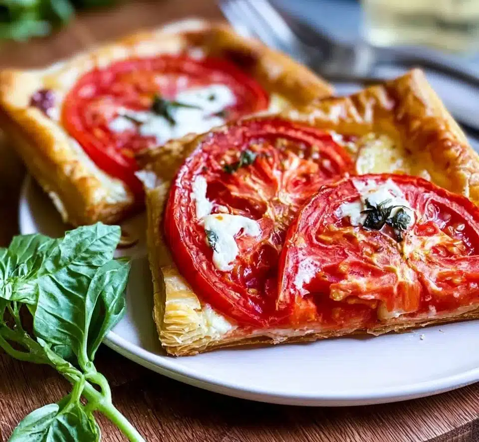 Delicious puff pastry tomato tart topped with fresh tomatoes and herbs